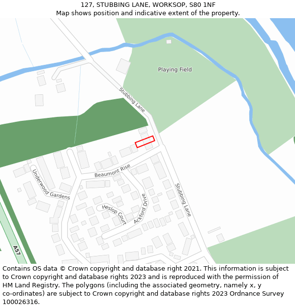 127, STUBBING LANE, WORKSOP, S80 1NF: Location map and indicative extent of plot