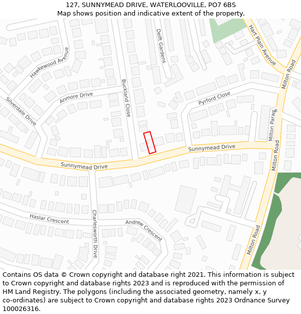 127, SUNNYMEAD DRIVE, WATERLOOVILLE, PO7 6BS: Location map and indicative extent of plot