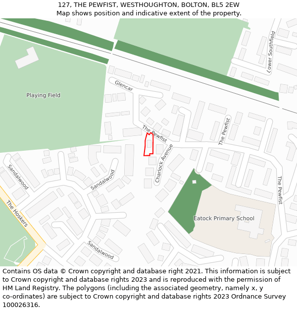127, THE PEWFIST, WESTHOUGHTON, BOLTON, BL5 2EW: Location map and indicative extent of plot