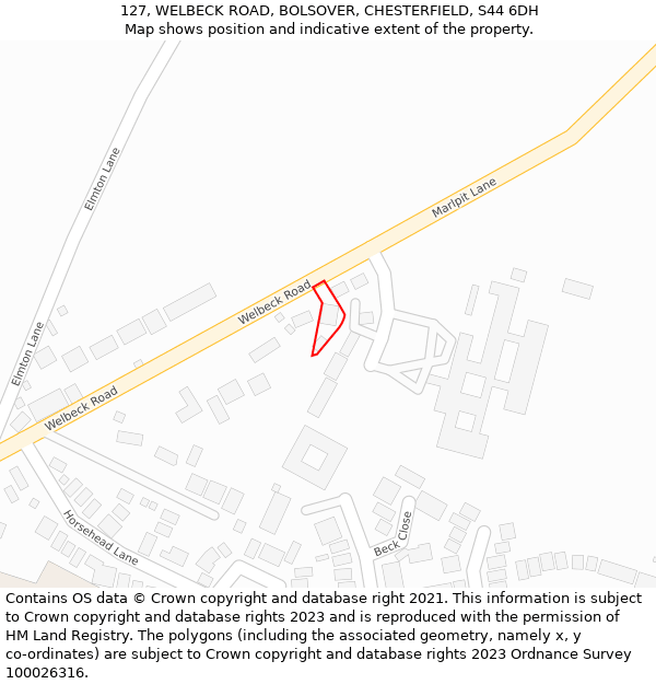 127, WELBECK ROAD, BOLSOVER, CHESTERFIELD, S44 6DH: Location map and indicative extent of plot