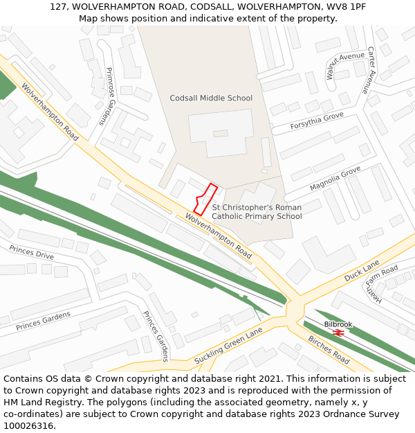 127, WOLVERHAMPTON ROAD, CODSALL, WOLVERHAMPTON, WV8 1PF: Location map and indicative extent of plot