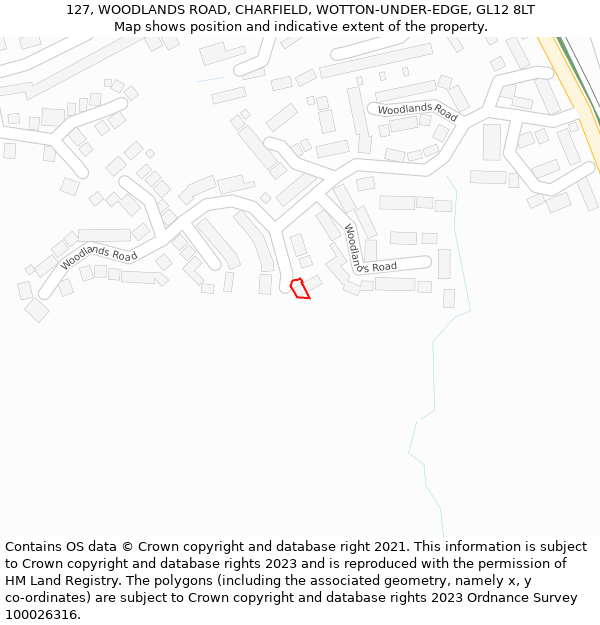 127, WOODLANDS ROAD, CHARFIELD, WOTTON-UNDER-EDGE, GL12 8LT: Location map and indicative extent of plot