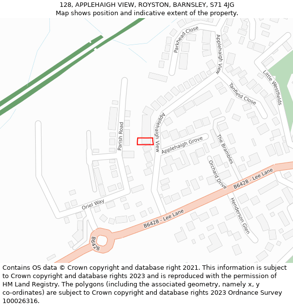 128, APPLEHAIGH VIEW, ROYSTON, BARNSLEY, S71 4JG: Location map and indicative extent of plot