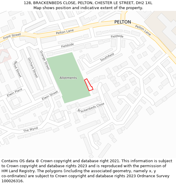 128, BRACKENBEDS CLOSE, PELTON, CHESTER LE STREET, DH2 1XL: Location map and indicative extent of plot