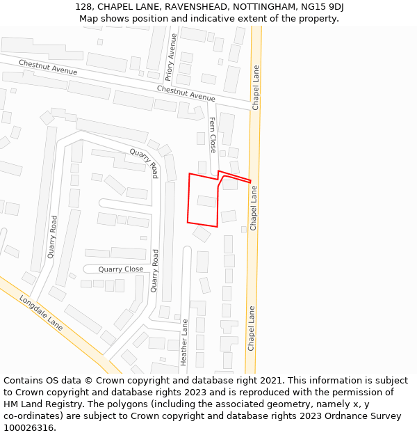 128, CHAPEL LANE, RAVENSHEAD, NOTTINGHAM, NG15 9DJ: Location map and indicative extent of plot