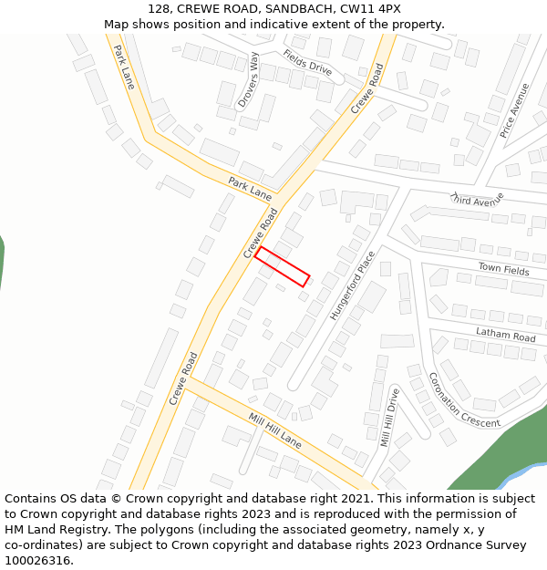 128, CREWE ROAD, SANDBACH, CW11 4PX: Location map and indicative extent of plot