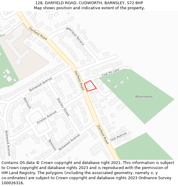 128, DARFIELD ROAD, CUDWORTH, BARNSLEY, S72 8HP: Location map and indicative extent of plot