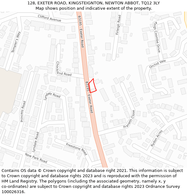 128, EXETER ROAD, KINGSTEIGNTON, NEWTON ABBOT, TQ12 3LY: Location map and indicative extent of plot