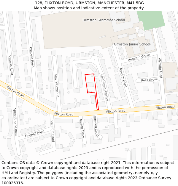 128, FLIXTON ROAD, URMSTON, MANCHESTER, M41 5BG: Location map and indicative extent of plot