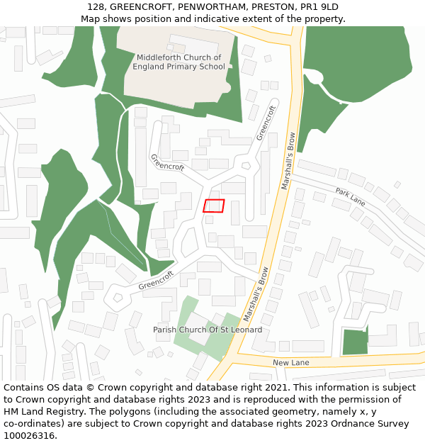 128, GREENCROFT, PENWORTHAM, PRESTON, PR1 9LD: Location map and indicative extent of plot