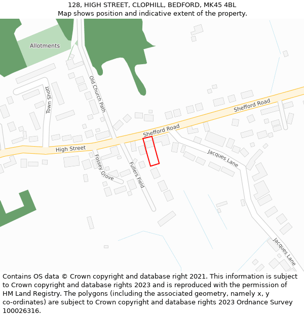 128, HIGH STREET, CLOPHILL, BEDFORD, MK45 4BL: Location map and indicative extent of plot