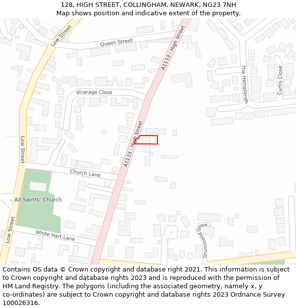 128, HIGH STREET, COLLINGHAM, NEWARK, NG23 7NH: Location map and indicative extent of plot