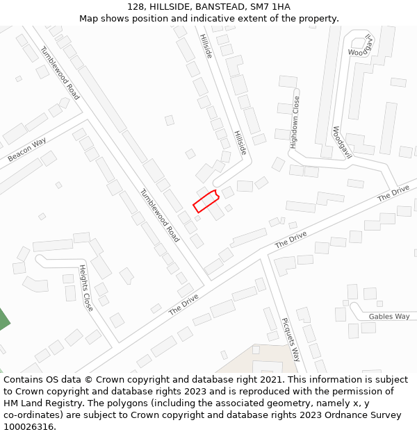 128, HILLSIDE, BANSTEAD, SM7 1HA: Location map and indicative extent of plot