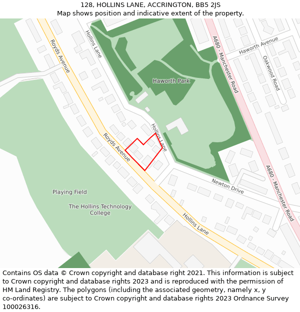 128, HOLLINS LANE, ACCRINGTON, BB5 2JS: Location map and indicative extent of plot