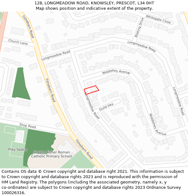 128, LONGMEADOW ROAD, KNOWSLEY, PRESCOT, L34 0HT: Location map and indicative extent of plot