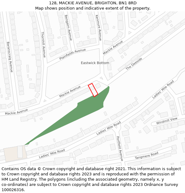 128, MACKIE AVENUE, BRIGHTON, BN1 8RD: Location map and indicative extent of plot