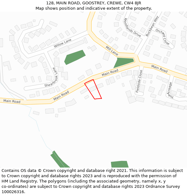 128, MAIN ROAD, GOOSTREY, CREWE, CW4 8JR: Location map and indicative extent of plot