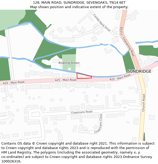 128, MAIN ROAD, SUNDRIDGE, SEVENOAKS, TN14 6ET: Location map and indicative extent of plot