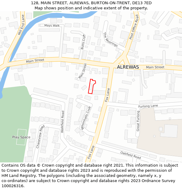 128, MAIN STREET, ALREWAS, BURTON-ON-TRENT, DE13 7ED: Location map and indicative extent of plot
