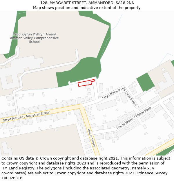 128, MARGARET STREET, AMMANFORD, SA18 2NN: Location map and indicative extent of plot