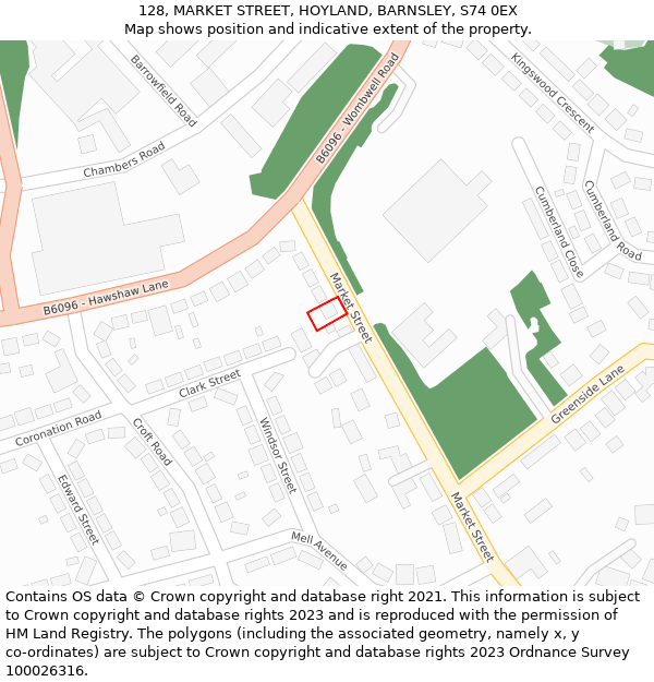 128, MARKET STREET, HOYLAND, BARNSLEY, S74 0EX: Location map and indicative extent of plot