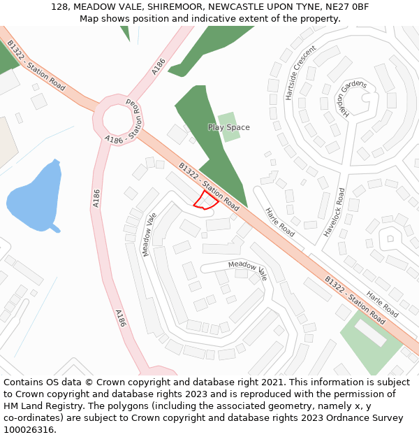 128, MEADOW VALE, SHIREMOOR, NEWCASTLE UPON TYNE, NE27 0BF: Location map and indicative extent of plot