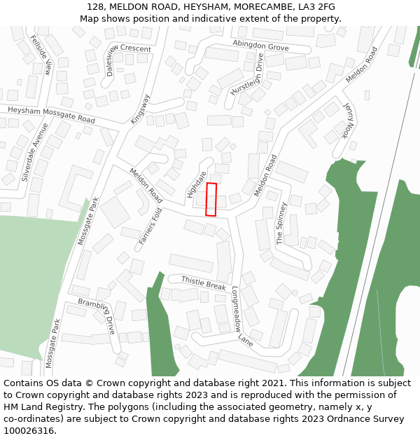 128, MELDON ROAD, HEYSHAM, MORECAMBE, LA3 2FG: Location map and indicative extent of plot