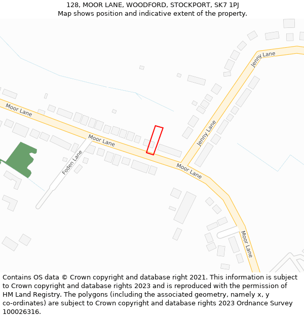 128, MOOR LANE, WOODFORD, STOCKPORT, SK7 1PJ: Location map and indicative extent of plot