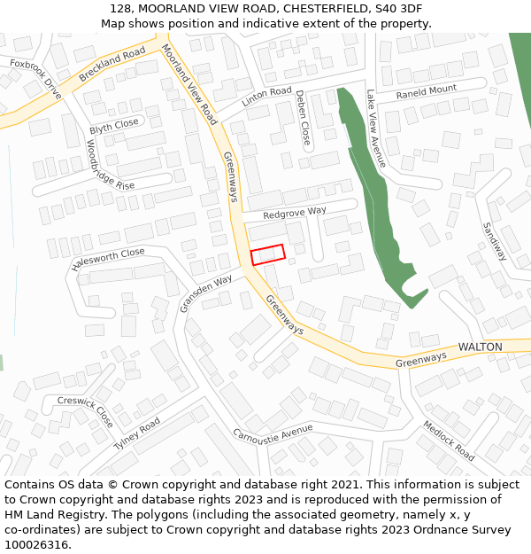 128, MOORLAND VIEW ROAD, CHESTERFIELD, S40 3DF: Location map and indicative extent of plot