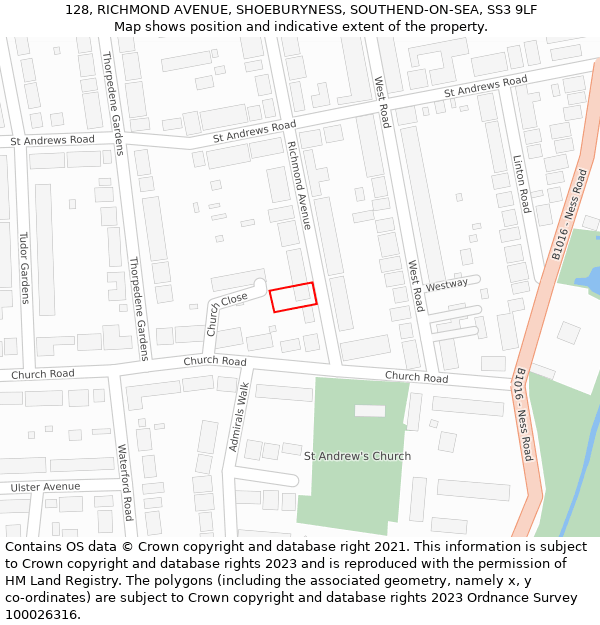 128, RICHMOND AVENUE, SHOEBURYNESS, SOUTHEND-ON-SEA, SS3 9LF: Location map and indicative extent of plot