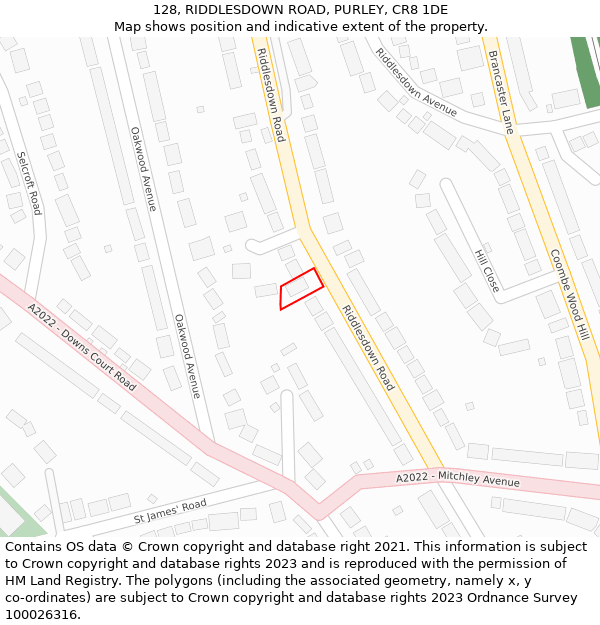128, RIDDLESDOWN ROAD, PURLEY, CR8 1DE: Location map and indicative extent of plot