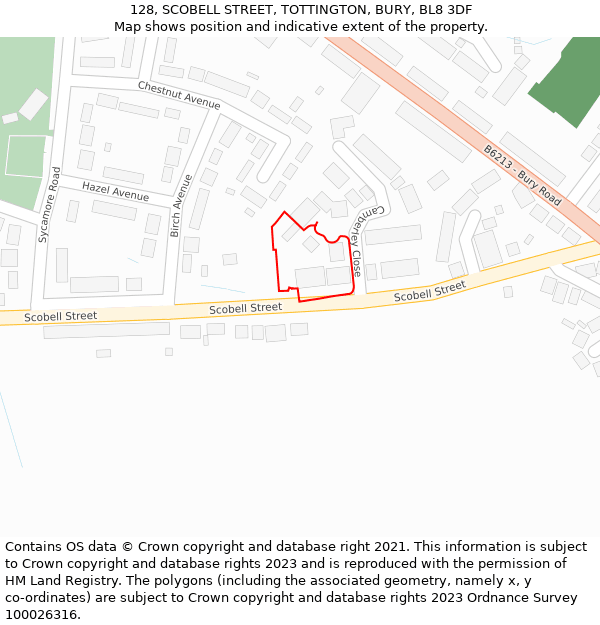 128, SCOBELL STREET, TOTTINGTON, BURY, BL8 3DF: Location map and indicative extent of plot
