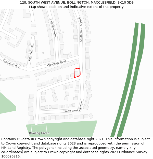 128, SOUTH WEST AVENUE, BOLLINGTON, MACCLESFIELD, SK10 5DS: Location map and indicative extent of plot