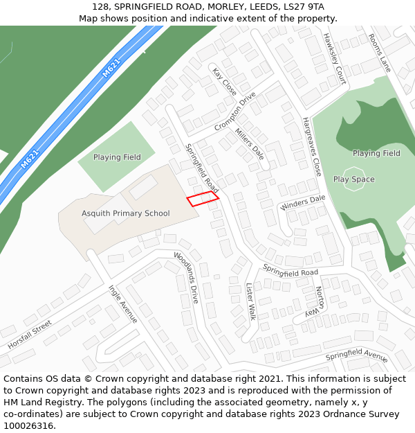 128, SPRINGFIELD ROAD, MORLEY, LEEDS, LS27 9TA: Location map and indicative extent of plot