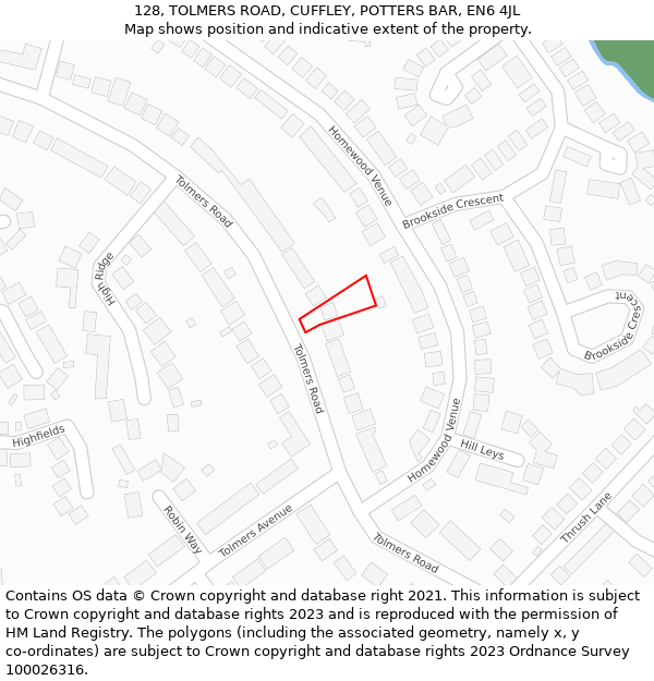 128, TOLMERS ROAD, CUFFLEY, POTTERS BAR, EN6 4JL: Location map and indicative extent of plot