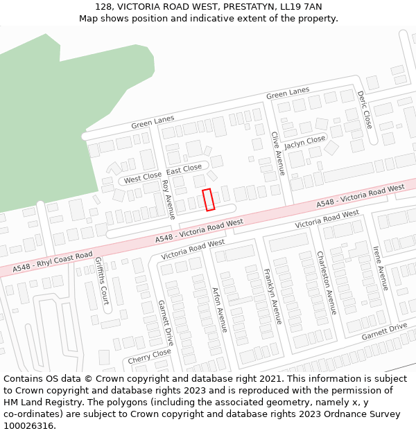 128, VICTORIA ROAD WEST, PRESTATYN, LL19 7AN: Location map and indicative extent of plot