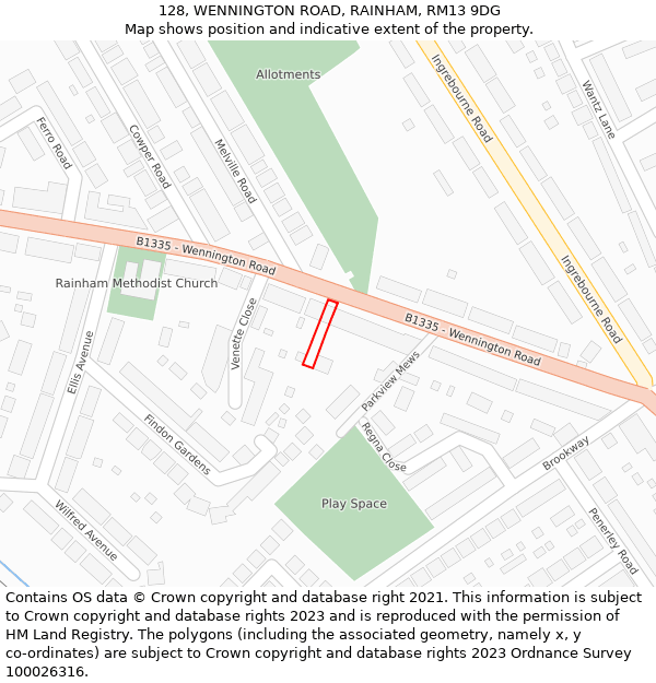 128, WENNINGTON ROAD, RAINHAM, RM13 9DG: Location map and indicative extent of plot