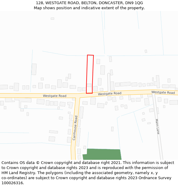 128, WESTGATE ROAD, BELTON, DONCASTER, DN9 1QG: Location map and indicative extent of plot