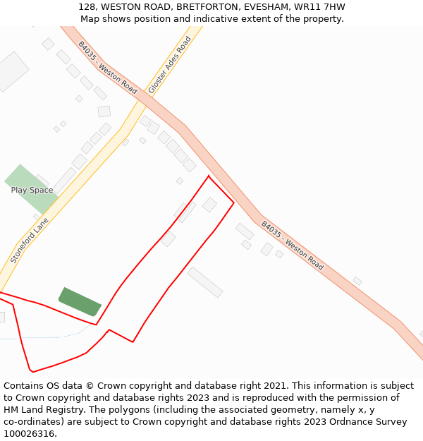 128, WESTON ROAD, BRETFORTON, EVESHAM, WR11 7HW: Location map and indicative extent of plot