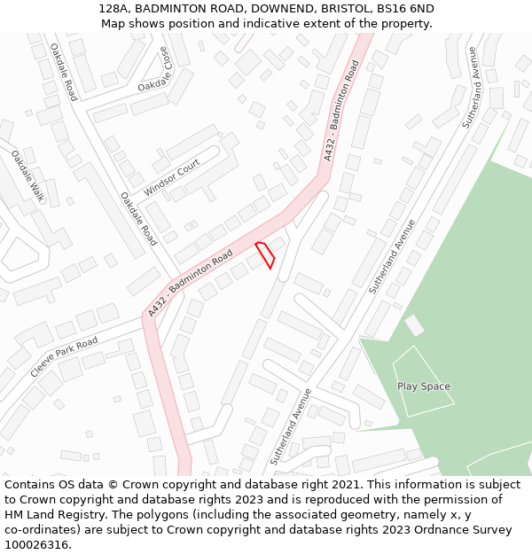 128A, BADMINTON ROAD, DOWNEND, BRISTOL, BS16 6ND: Location map and indicative extent of plot