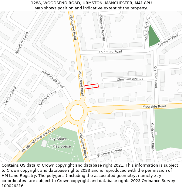 128A, WOODSEND ROAD, URMSTON, MANCHESTER, M41 8PU: Location map and indicative extent of plot