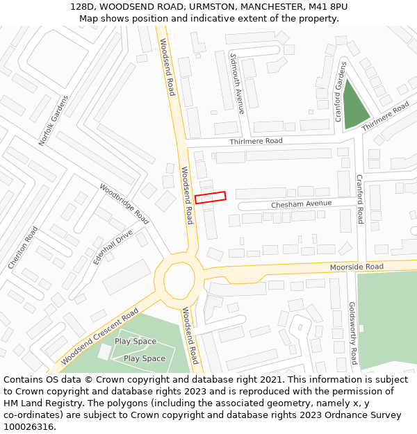 128D, WOODSEND ROAD, URMSTON, MANCHESTER, M41 8PU: Location map and indicative extent of plot