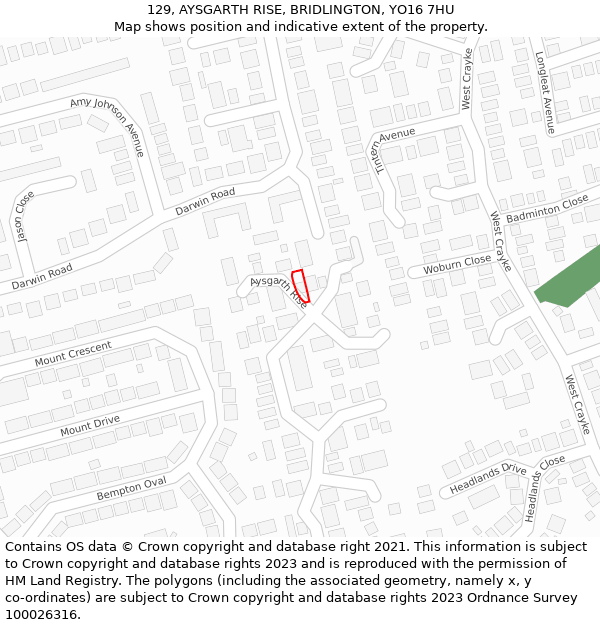 129, AYSGARTH RISE, BRIDLINGTON, YO16 7HU: Location map and indicative extent of plot