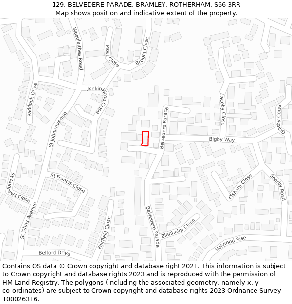 129, BELVEDERE PARADE, BRAMLEY, ROTHERHAM, S66 3RR: Location map and indicative extent of plot