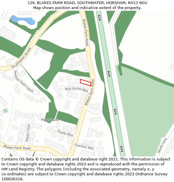 129, BLAKES FARM ROAD, SOUTHWATER, HORSHAM, RH13 9GU: Location map and indicative extent of plot