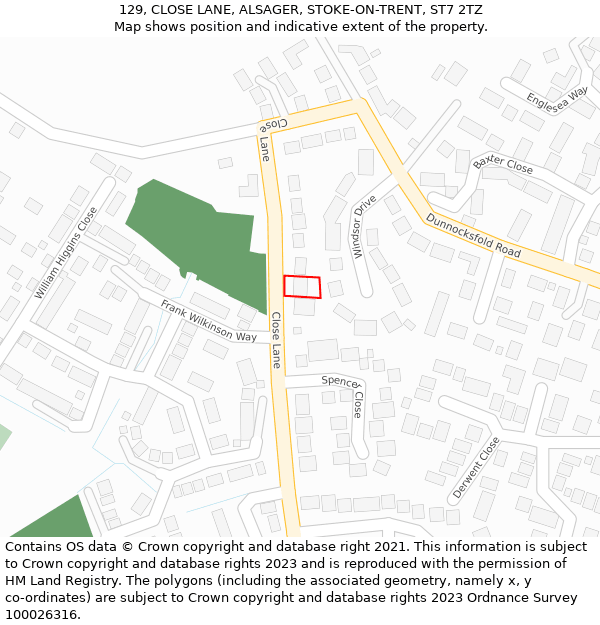 129, CLOSE LANE, ALSAGER, STOKE-ON-TRENT, ST7 2TZ: Location map and indicative extent of plot