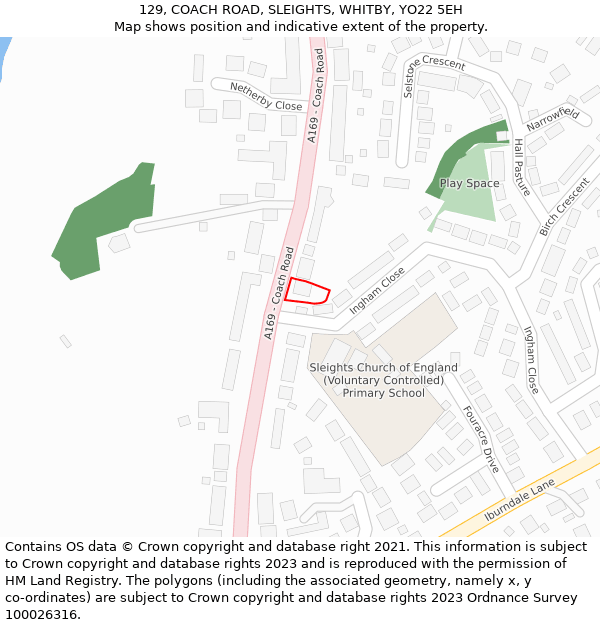 129, COACH ROAD, SLEIGHTS, WHITBY, YO22 5EH: Location map and indicative extent of plot