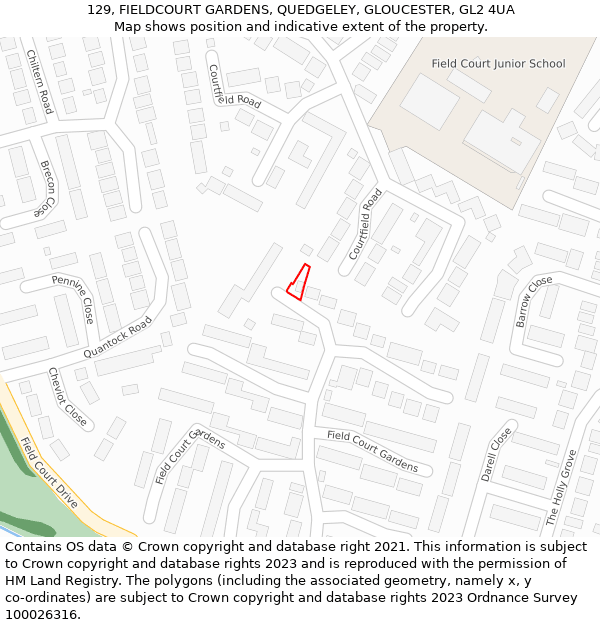 129, FIELDCOURT GARDENS, QUEDGELEY, GLOUCESTER, GL2 4UA: Location map and indicative extent of plot