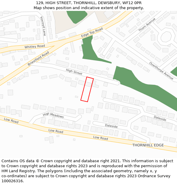 129, HIGH STREET, THORNHILL, DEWSBURY, WF12 0PR: Location map and indicative extent of plot