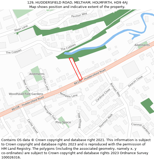 129, HUDDERSFIELD ROAD, MELTHAM, HOLMFIRTH, HD9 4AJ: Location map and indicative extent of plot